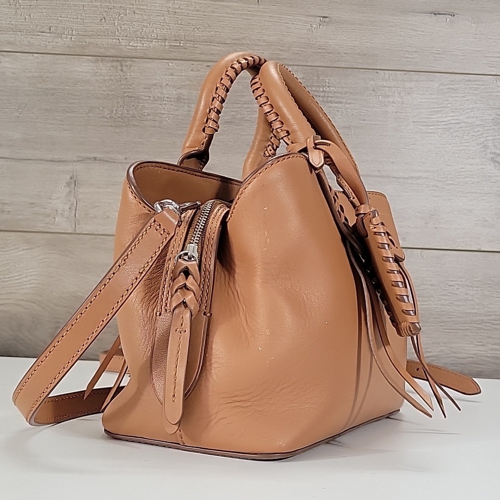 Polo by Ralph Lauren Camel Leather Satchel with Braided Trim Crossbody Bag - Picture 3 of 16